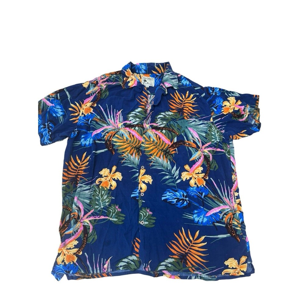 Alex Vando‎ Premium Hawaiian Aloha Shirt Adult XL Blue Floral Summer Ukulele